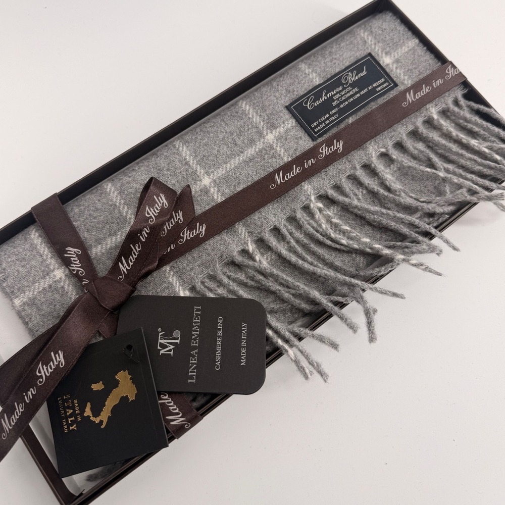 Linea‎ Emmett Cashmere Wool Blend Scarf Windowpane Grey Made in Italy 12x71 NIB